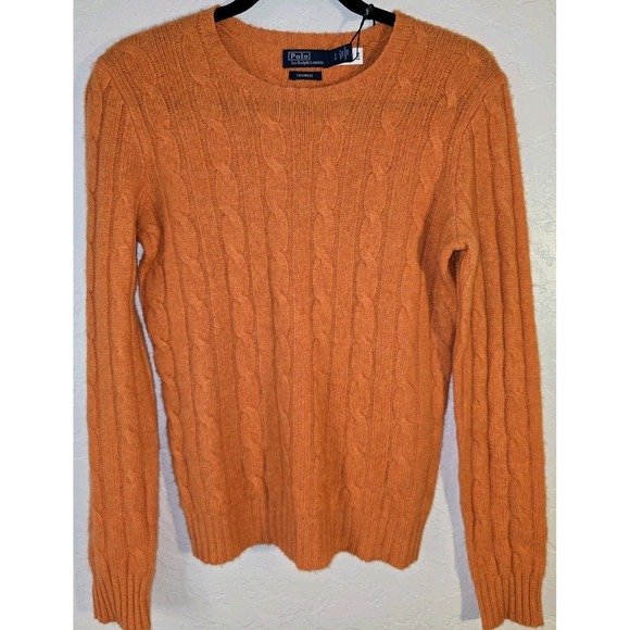 NEW Polo Ralph Lauren 100% Cashmere Cable Knit Crewneck Sweater Orange Small